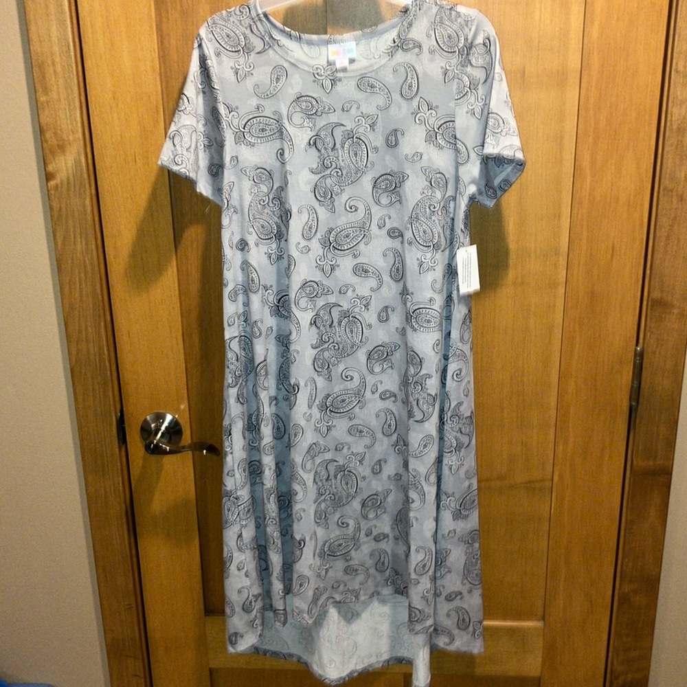 NWT LuLaRoe Carly Grey short sleeve dress w/ high/lo hem, scoop neck Sz S